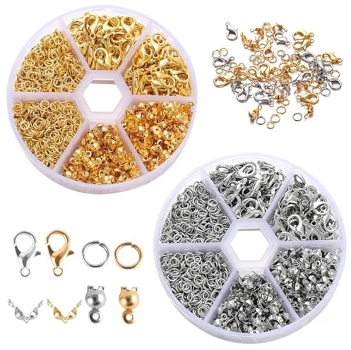 JYNXOR 1140 Piezas cierres para pulseras, enganches para pulseras, accesorios de fabricación de joyas, cierres para pulseras de hilo, kit de creación de pulseras, Anillos Abiertas De Salto, oro+plata