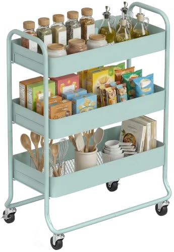 HOMCOM 3-Tier Metal Storage Trolley on Wheels with Mesh Backets Light Green | Rolling Utility Cart, Mobile Storage Cart, for Kitchen, Bathroom, Bedroom, Living Room
