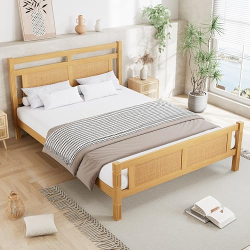 ModernLuxe 4ft6 Wooden Bed Frame Double Bed 135x190cm, Rattan Headboard Design, Solid Pine & MDF with Sturdy Slats, Durable Double Bed Frame for Bedroom, Guest Room,Natural (No Mattress)
