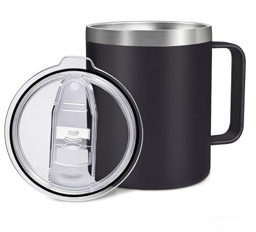 Byitin 360ml Thermal Cup & Travel Mug for Coffee – Stainless Steel Insulated Mug with Handle and Lid, Double Wall Vacuum Leak-Proof Camping Mug for Hot & Cold Drinks, Office & Commuting(Black)