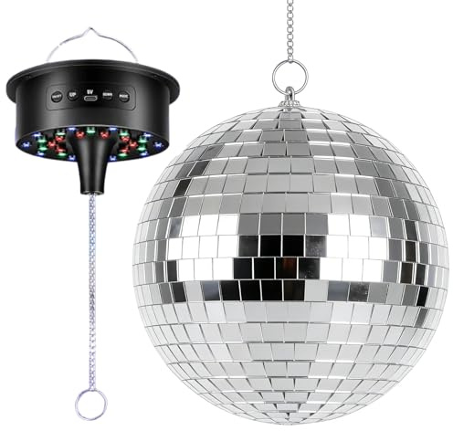 Bola de discoteca con motor y luz, bola de espejo de 20cm con 30 perlas LED