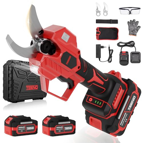 TEENO Forbici Potatura Elettriche, Dotato di batterie da 8000mAh, 50mm, Cavo di prolunga 1,05 m, Forbici elettriche da potatura,con Motore brushless per giardinaggio, alberi da frutto, vigneto