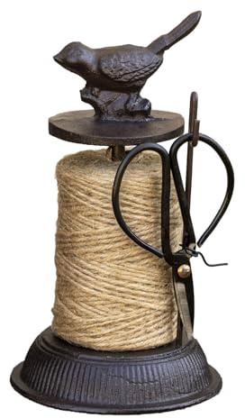 Cast Iron Robin Twine Holder with Scissors, Brown, Vintage Style, Includes 110m Natural Jute String, 12x22cm