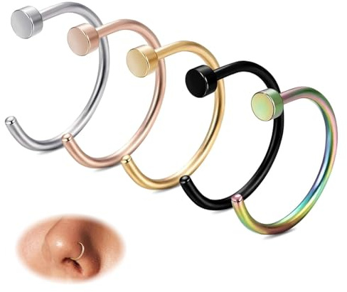 20G Nose Rings Hoops for Women Nose Piercing - Hypoallergenic 316L Stainless Steel Hoop Nose Rings Piercing Jewelry 5PCS Gold Silver Black Tone Mix Color 8mm