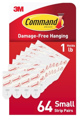Command Small Refill Hanging Wall Hook Adhesive Strips, No Tools Removable - 64 White Strips