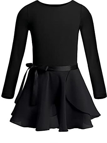 Freebily Kinder Mädchen Ballettanzug Langarm Ballett Trikot Bodysuit Chiffon Wickelrock Outfits Tanz-Body Ballettbekleidung Turnanzug Set Gr.92-164 Schwarz 140-152/10-12 Jahre