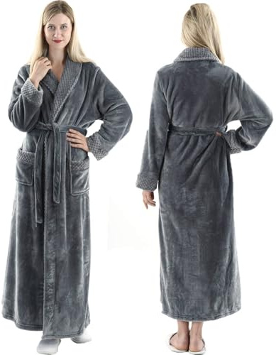 Dressing Gown Women Full Length Robe Plus Size Fleece Winter Warm Bathrobe, UK8-10(label M), Grey