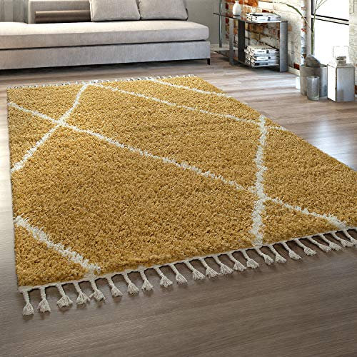 Paco Home Teppich Wohnzimmer, Schlafzimmer/Hochflor Shaggy in versch. Designs Farben und Größen, Grösse:80x150 cm, Farbe:Gelb