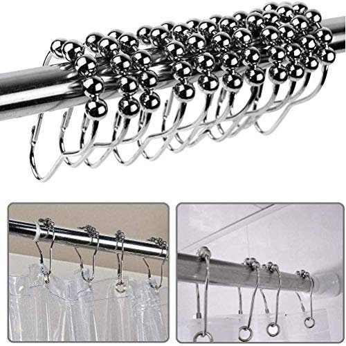 Voarge 12 Stück Duschvorhangringe Edelstahl, Rostfrei Metall Duschringe 12 Einzelhaken Aufhängeringe, 5 Roller Balls reibungslos gleiten Duschringe