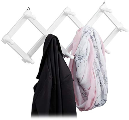 Relaxdays Set 3 Percheros Pared Extensibles, Colgador Recibidor Madera, Entrada, Diseño Tijera, 10 Ganchos, Blanco