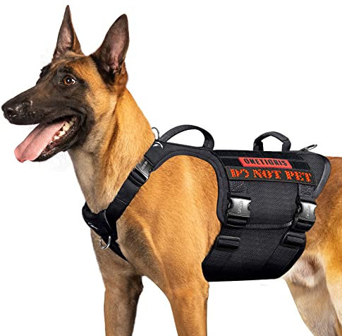 OneTigris Metallschnalle Hundegeschirr, Metall Taktisches Hundegeschirr Grosse Hunde, Verstellbar Brustgeschirr Mittelgroße Hunde 2 Griffe 3 Edelstahl D-Ring Schwarz L