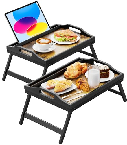 2 Pack Breakfast in Bed Tray for Eating, 16.92 x 12.6 Inch Bed Table Tray with Folding Legs & Handles, Bamboo Food Lap Trays Fits for Adult Kids Eating/TV/Surgery Recovery by Easoger. Set of 2