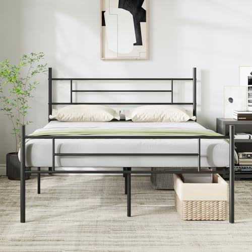 Novilla Bettrahmen 140 x 200 cm, Bettgestell mit Lattenrost, Modern Bettgestelle, Metallbett mit Kopfteil für Schlafzimmer ästezimmer, Schwarz