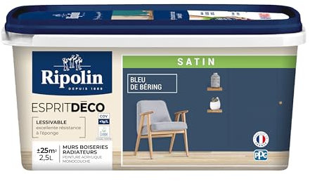 RIPOLIN - Peinture Intérieure Multi-Supports – Murs, Boiseries & Radiateurs – Ultra-Couvrante – Lessivable – Application Facile – Ecolabel - Satin - 2,5L - Bleu Bering