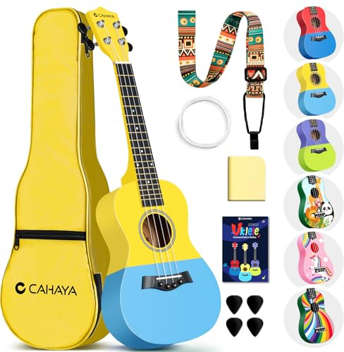 CAHAYA Concert-Ukulele mit Gigbag für Erwachsener Enthusiast: Linde Material Ukulele mit Geared-Machine, Gurt, Noten, Saiten, Reinigungstuch, 4 Plektren, 23 Zoll Gelb-Blau