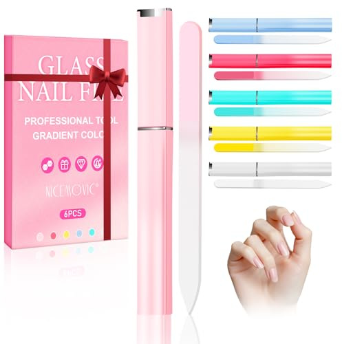 NICEMOVIC 6 Pack Glass Nail File with Case,Unique Christmas Gifts Stocking Fillers for Women Adults, Crystal Fingernail Files Set,Double Sided Finger Nail Files, Gradient Color Nail Files and Buffers