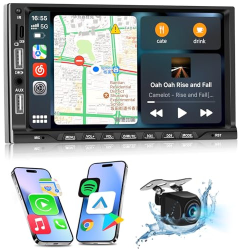 NHOPEEW 2 Din Autoradio mit drahtlosem Carplay und Android Auto - 7 Zoll 2 Din Raio Unterstützung EQ FM Lenkradsteuerung 16 Benutzerschnittstellen AUX SD Doppel USB Inports + Rückfahrkamera