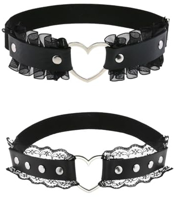 2 Pcs Regolabile Gamba Giarrettiera Elastico Punk Coscia Anello Giarrettiera Pizzo Cuore Coscia Giarrettiera Cintura Coscia Alta Giarrettiera Cintura con Clip antiscivolo per le donne, Nero , Extra