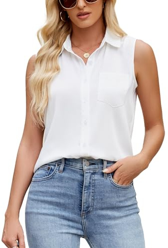 SPRING SEAON Womens Sleeveless Satin Blouse Button Down Shirt with Chest Pocket Solid Casual V Neck Summer Tank Tops for Work Office White