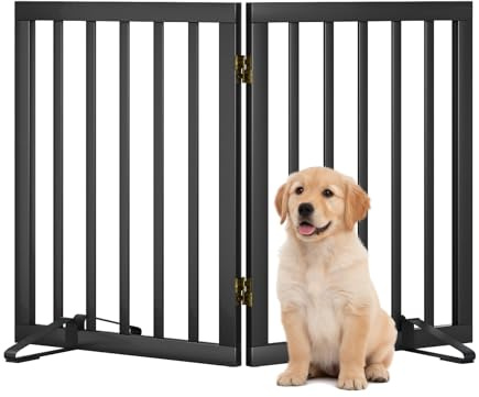 Dog Gates for Doorways, Foldable Dog Gate Indoor, Freestanding Pet Gates for Doorways Bedroom, Puppy Gate with Metal Support Feet, Room Divider 2 Panels (Black)