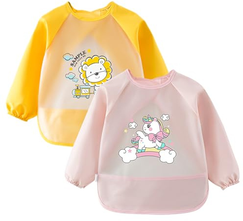 Lvjkes Baberos Bebe Impermeables, babero con mangas, Pack de 2 baberos de manga larga con bolsillo recoge comida, delantal para niños de 2 a 4 años, resistente a manchas y olores, rosa y amarillo