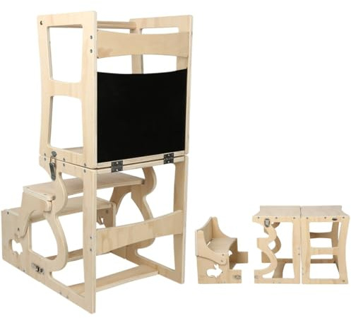 Tour d Observation Enfant, Tour d'apprentissage Adapté aux Enfants à partir de 12 Mois, Construction en Bois,avec Tableau Noir,Tour d'Observation Montessori,Nature