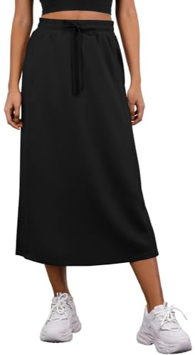 PrinStory Gonne midi da donna estive con vita elasticizzata, gonne da donna con tasche e spacco posteriore, Nero , L