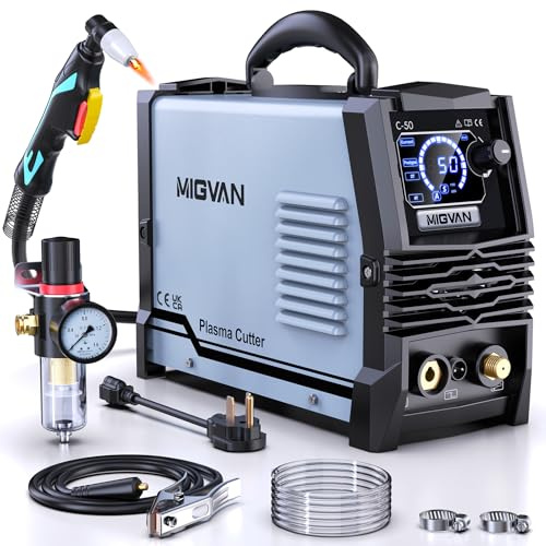 50Amps Plasma Cutter, Large LED Screen Display, MIGVAN Cutter Machine 110/220V Dual Voltage, 1/2 Cut DC IGBT Inverter, Post Flow 2T/4T Metal Cutting Machine with Torch & Tips for Beginners Home DIY