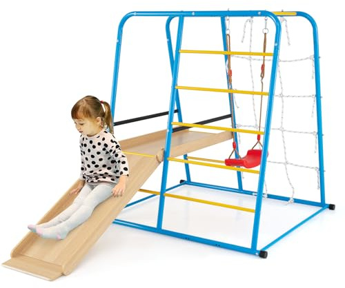 GOPLUS Marco de Escalada Interior 6 en 1 para Niños, Área de Juegos con Tobogán, Columpio, Barras, Escalera, Pared de Cuerdas, Estructura Metálica, Centro de Actividades para Niños de 3+ Años