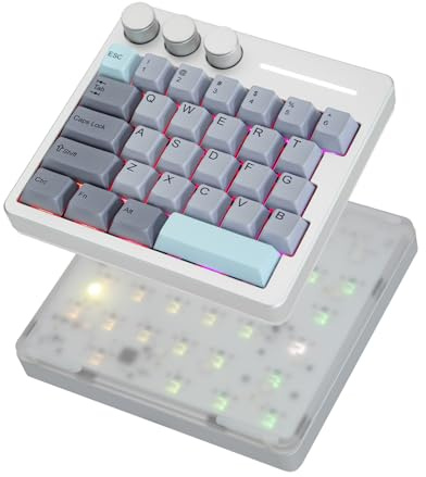 KiiBoom Cybrix 29 Tastiera da gioco cablata veloce, 8 kHz, tastiera a mano in alluminio e acrilico, 3 manopole programmabili, interruttore magnetico, funzionamento regolabile, RGB (argento)
