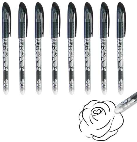 8 Erasable Pens Black, 0.5mm Friction Ink Pens Black Eraser Pen, Rub out Pen for Kids Adults, Smooth Writing School Office Stationery for Notes, Notebook, Editing