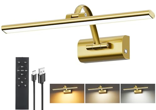 HUAEU Picture Lights for Wall Battery Operated, 15.7 Rechargeable Wireless Picture Light with Remote Timer, 3000K/4000K/6000K Dimmable Wall Light for Paintings Picture Frame Gallery Dartboard - Gold