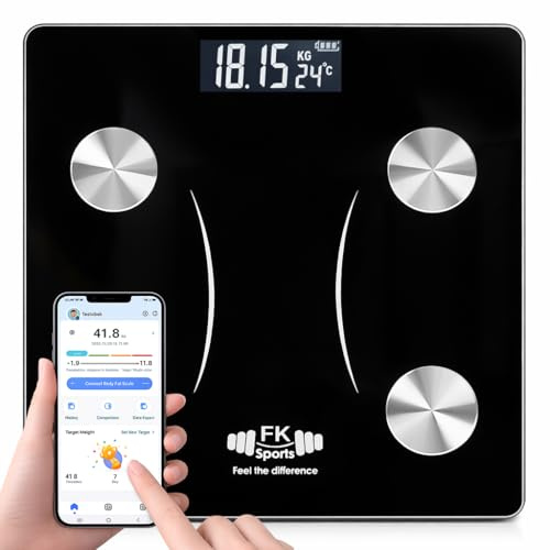 FK Sports Smart Digital Bathroom Scale with Body Fat Analysis, Bluetooth Weighing Scales for Body Weight, BMI & Muscle Mass, 180kg Capacity, High Precision LCD Display, Black