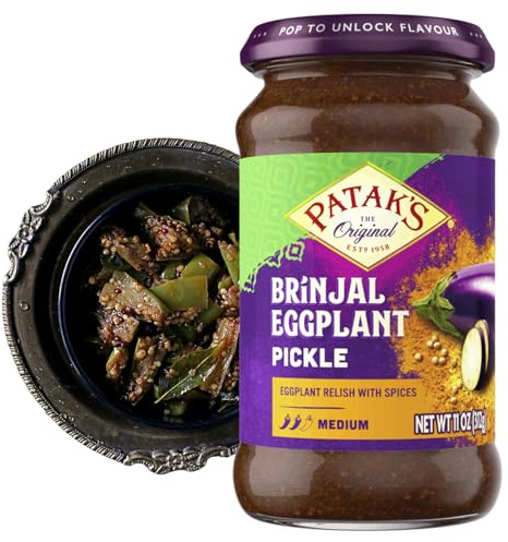 Patak’s Brinjal Eggplant Pickle - Medium Heat Spicy Indian Pickle Relish w/Mustard Seeds, Garlic & Aromatic Spices - Vegan & Gluten-Free Indian Eggplant Achar - Ready to Serve - 11oz Jar (Pack of 1)