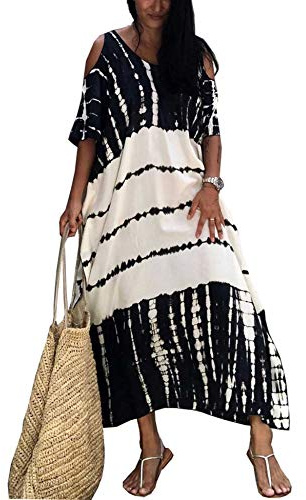 Orshoy Ladies Long Kaftan Dress Tunic Kimono Caftans Boho Style Beach Cover Ups with Belted C-Black