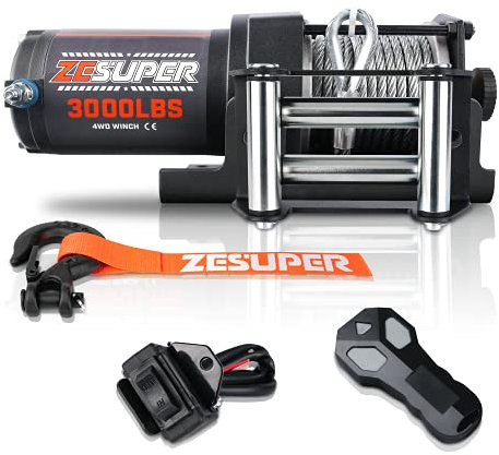 ZESUPER Verricello elettrico da 3000 libbre con cavo in acciaio per fuoristrada ATV argano impermeabile UTV ATV per rimorchi per barche, verricello da 12 V con piastra di montaggio a distanza wireless