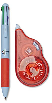 Osama - Correcteur Blanc à Ruban, 20 M + Stylo 4 Couleur Bille, Pointe Fine 1 mm - Kit pour Papeterie Bureau et Fourniture Scolaire - Set Effaceur et Stylo Couleur pour Écrire sans Erreur, Ciel/Rouge