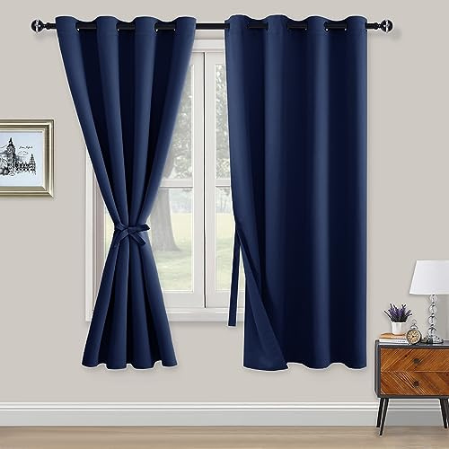 XWZO Blackout Curtains Shades Window Curtain Panels with Tiebacks- Noise Reduction and Thermal Insulated Eyelet Curtains for Bedroom,Living Room,Office,Study Room Navy W52xL63