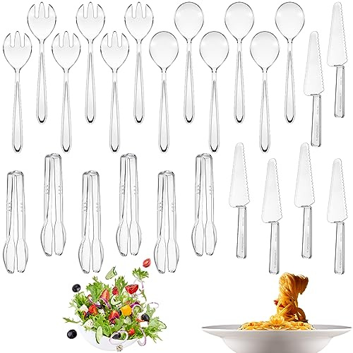 Lanties 24 Pcs Disposable Plastic Serving Utensils Set 6 Each 9.7 Serving Spoons Forks 9.5 Knife and 6.3 Tongs for Christmas Family Gatherings Food Cake Birthday Party Buffet Cutlery(Clear)