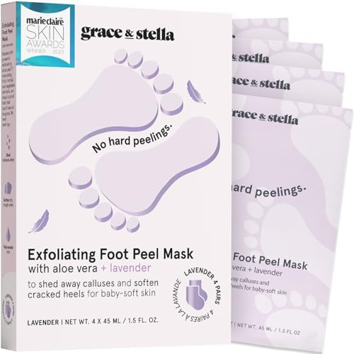 grace & stella Award-Winning Foot Peel Mask - Foot Peeling Mask with Aloe Vera - Moisturizing Foot Mask for Dry Cracked Feet - Foot Exfoliator for Baby Soft Feet (4 Pairs, Lavender)