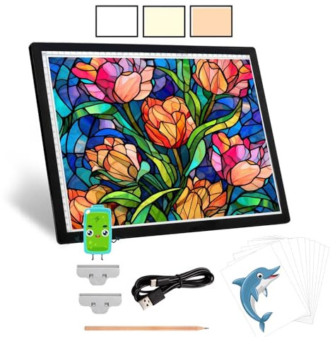 KEIWRLIGHT Table lumineuse A3 rechargeable – Boîte lumineuse à piles sans fil pour traçage de 3 couleurs, 6 niveaux de luminosité, tableau lumineux A3 pour peinture diamant, tatouage, dessin, artistes