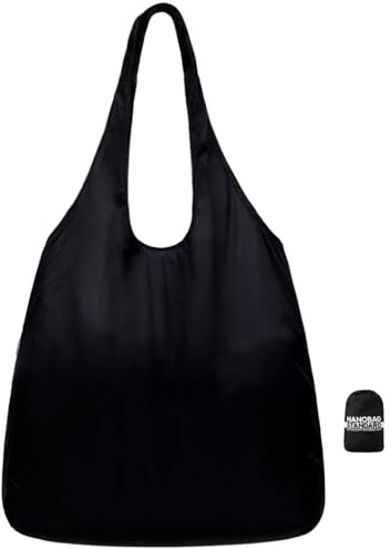 Nanobag Ultralight Foldable Tote for Women & Men, Reusable Grocery & Travel Bag, Packable Collapsible Compact Market Essential (Standard Black)