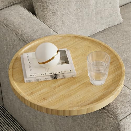 Semjar Bamboo Sofa Arm Tray Table,Adjustable Couch Armchair Tray for Thin & Wide Couches Arms,Round Wooden Sofa Armrest Side Table