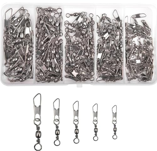 JJiaoLinin Anelli Solidi da Pesca, 100 Pezzi Girelle da Pesca Trota Pesca in Acciaio Inox con Moschettone, Girelle da Pesca, Girelle Canna da Pesca, con Scatola- 5 Dimensioni 6# 8# 10# 12# 14#
