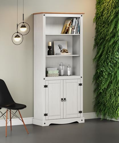 Corona Bookcase White Painted 2 Door Display Shelf Solid Wood Pine Wooden Shelving Unit Dresser Storage Cupboard Kitchen Living Room Office Hallway Shabby Chic Mexican 180cm High 82cm Wide 29cm Deep