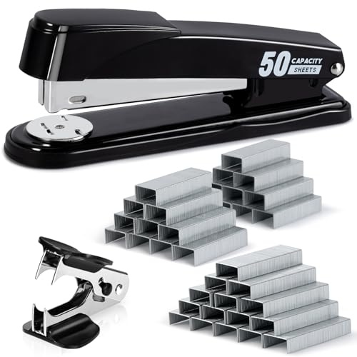 deli Heavy Duty Stapler 50 Sheets, 24/6 & 24/8 Staples, Rotating Anvil Temporary & Permanent Stapling, 150 Staples Capacity, Metal Stapler with 2000 Staples & Remover, Office Use, Black