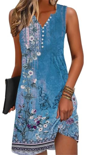 GRMLRPT Fritidsklänning för kvinnor, boho, lätt, sommarklänningar, ärmlös, v-ringad, elegant, kort, strandklänning, blommor, luftig, klänning, Hawaii-klänning, basic (flerfärgad, S–XXL)