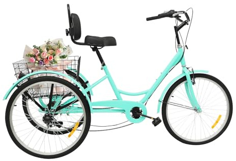 YISSALE 24-tums trehjuling för vuxna 7 växlar justerbar cykel för vuxna med korg stadscykel (grön)
