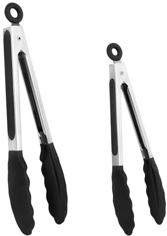 SULOLI 2 Pezzi Pinze da Cucina,Pinza Acciaio Inoxe Silicone,Pinze da Cucina Professionali per Barbecue,Pasta,Bistecca,Cottura al Forno(7 e 9 Pollici,Nero)
