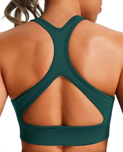 JOYSPELS Women's Sports Bra Seamless 4-Way Stretch Yoga Top with Removable Pads for Gym, Workouts, Running BlackishGreen S